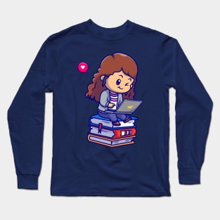 Cute Girl Playing Laptop On Book Cartoon Long Sleeve T-Shirt